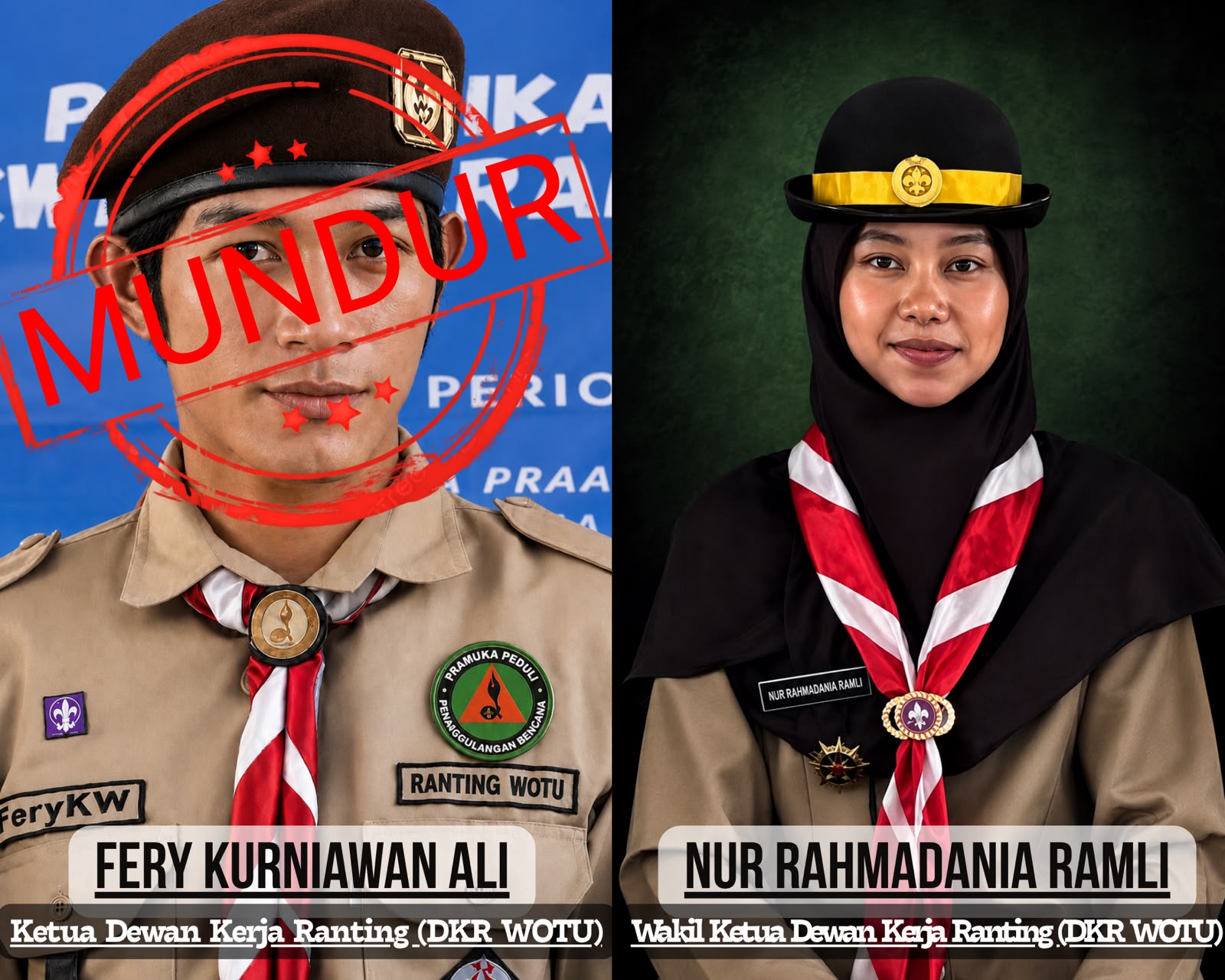 Kolase foto Fery Kurniawan Ali Ketua DKR Wotu yang mundur dan Nur Rahmadania Ramli Wakil Ketua DKR Wotu