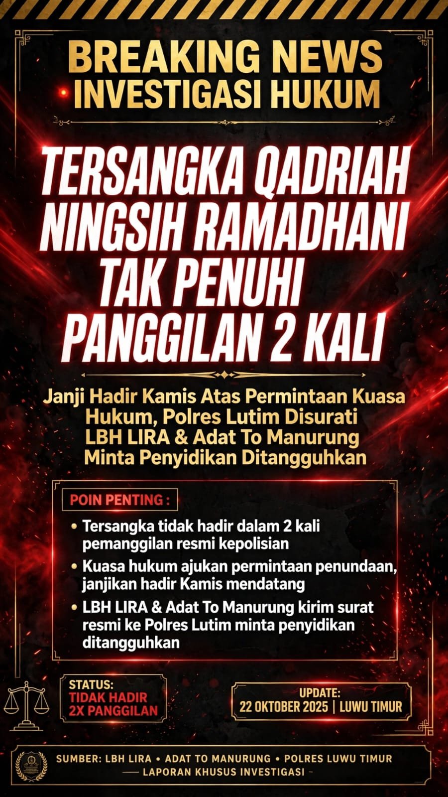 Tersangka Qadriah Ningsih Tak Hadir Meski Janji Hadir Kamis Atas Permintaan Kuasa Hukum, Polres Lutim Disurati LBH LIRA & Adat To Manurung Minta Penyidikan Ditangguhkan